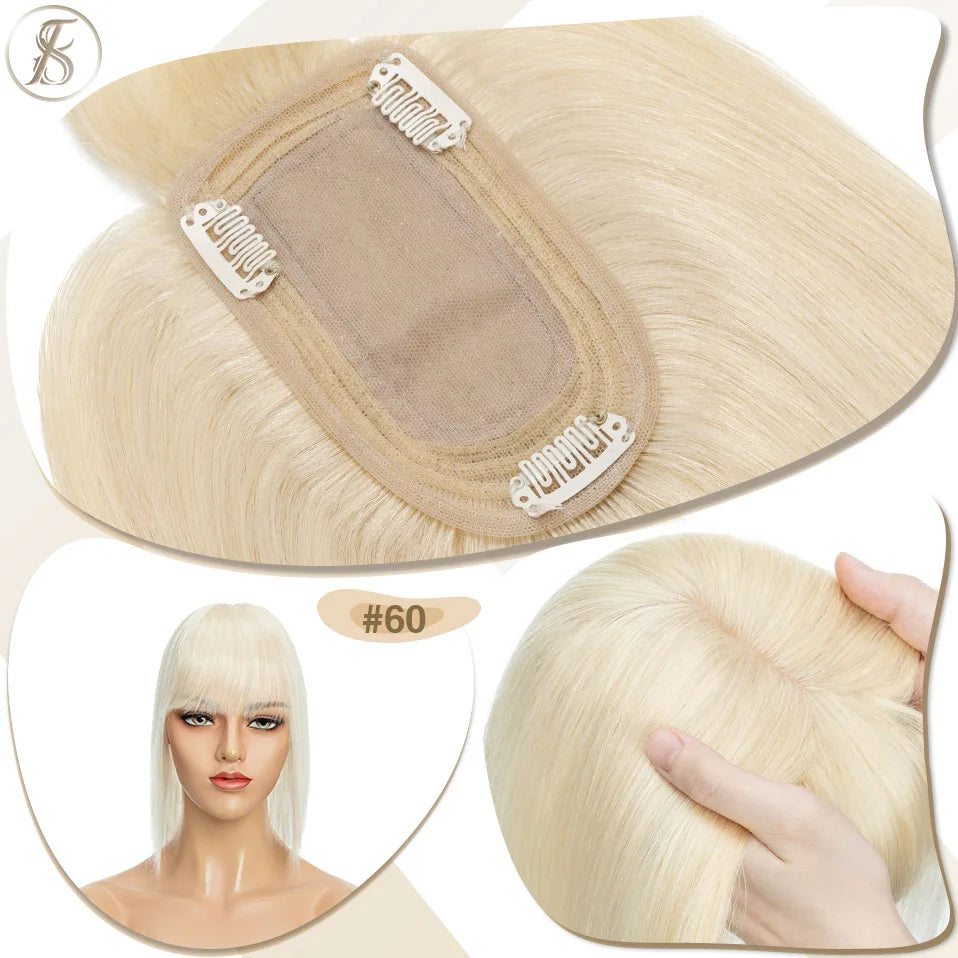 TESS Women Topper 7x12.5cm Hair Toppers With Bangs Hair Clips Natural Hair Wigs 100% Human Hair Silk Base Clip In Hair Extension