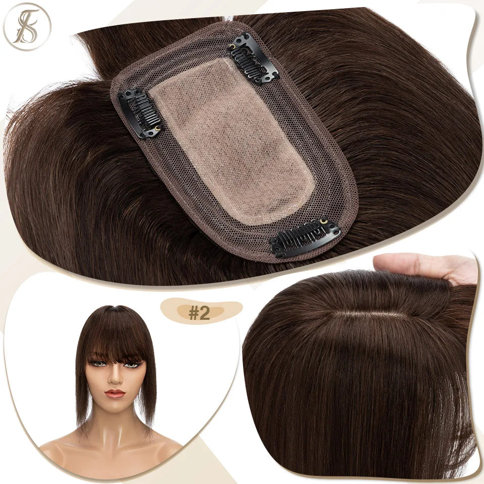 TESS Women Topper 7x12.5cm Hair Toppers With Bangs Hair Clips Natural Hair Wigs 100% Human Hair Silk Base Clip In Hair Extension