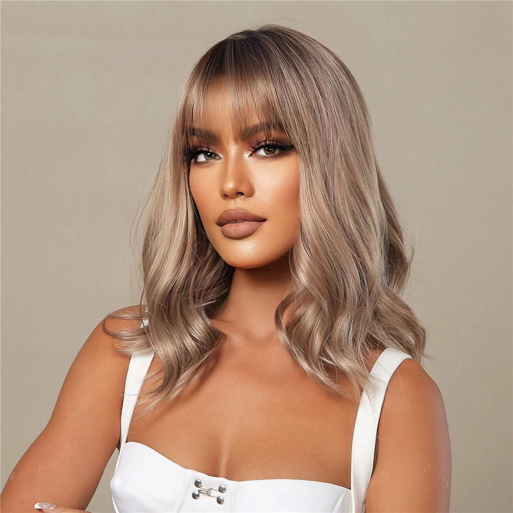 Rose Blonde Brown Short Bob Synthetic Wigs with Bangs Ash Blonde Natural Loose Wave Wig for Women Cosplay Heat Resistant Hair