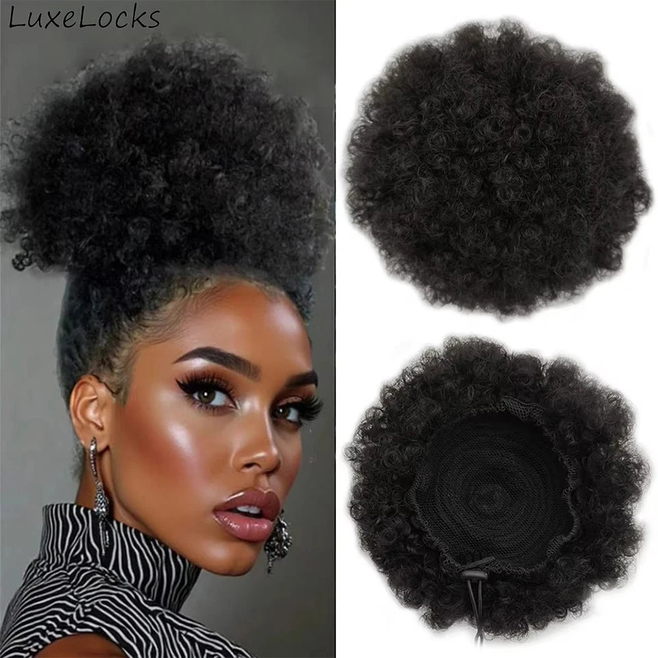 100% Human Hair Afro Puff Drawstring Ponytail Short Curly Afro Bun Hair Extension Natural Black 1B# Hairpiece with Two Clips