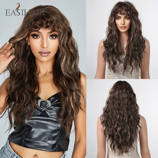 EASIHAIR Brown Black Kinky Curly Wave Synthetic Wigs with Bangs Deep Wave Long Hair Wigs for Women Daily Cosplay Heat Resistant