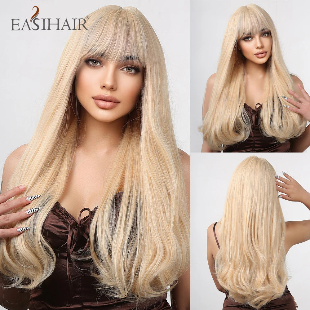 EASIHAIR Ash Blonde Wavy Cosplay Wigs with Bangs Natural Long Synthetic Hairs for Women Lolita Party Heat Resistant Fibers Wig