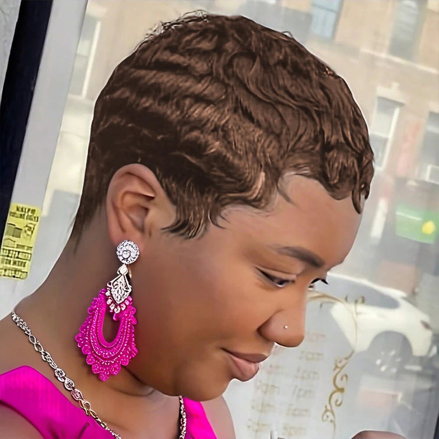 Short Pixie Cut Straight Human Hair Wig Machine Made with Pre-Styled Bangs Tangle-Free Natural Hairline for Women