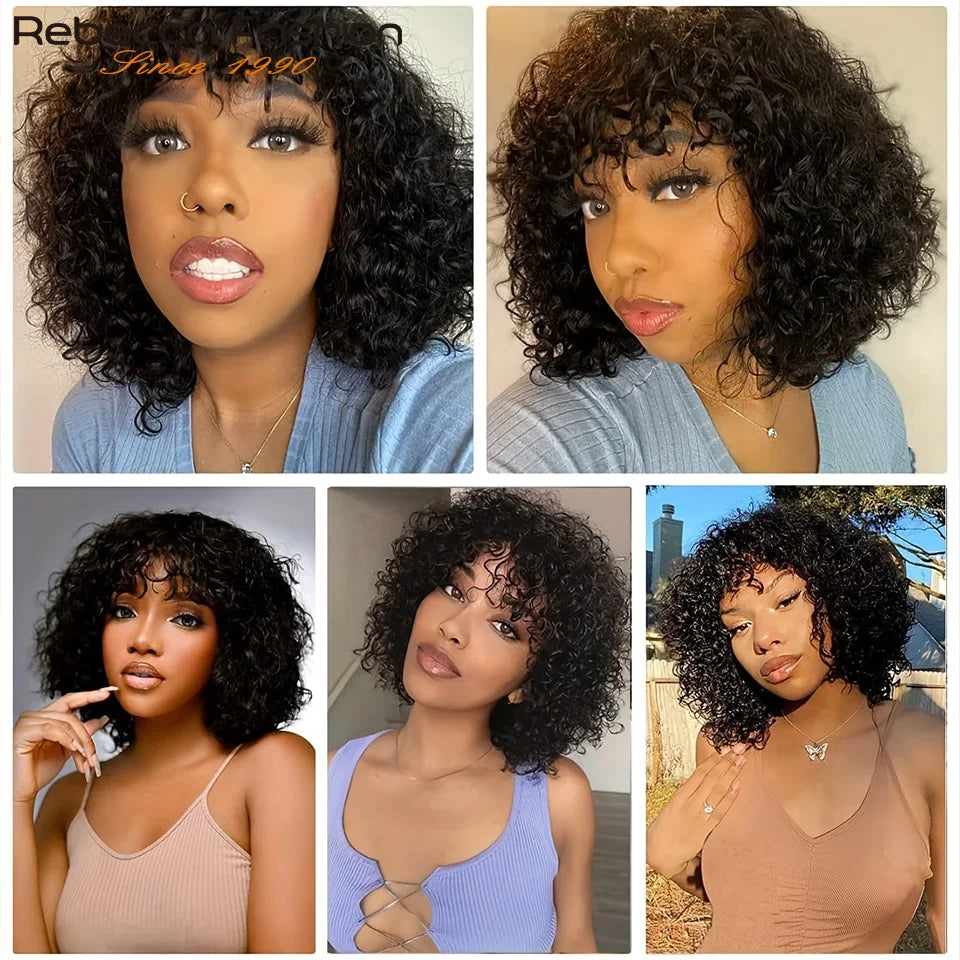 Jerry Curly Short Bob Human Hair Wigs With Bangs Wear To Go Glueless Wig Ombre 99J Water Wave Blonde Colored Wig For Women