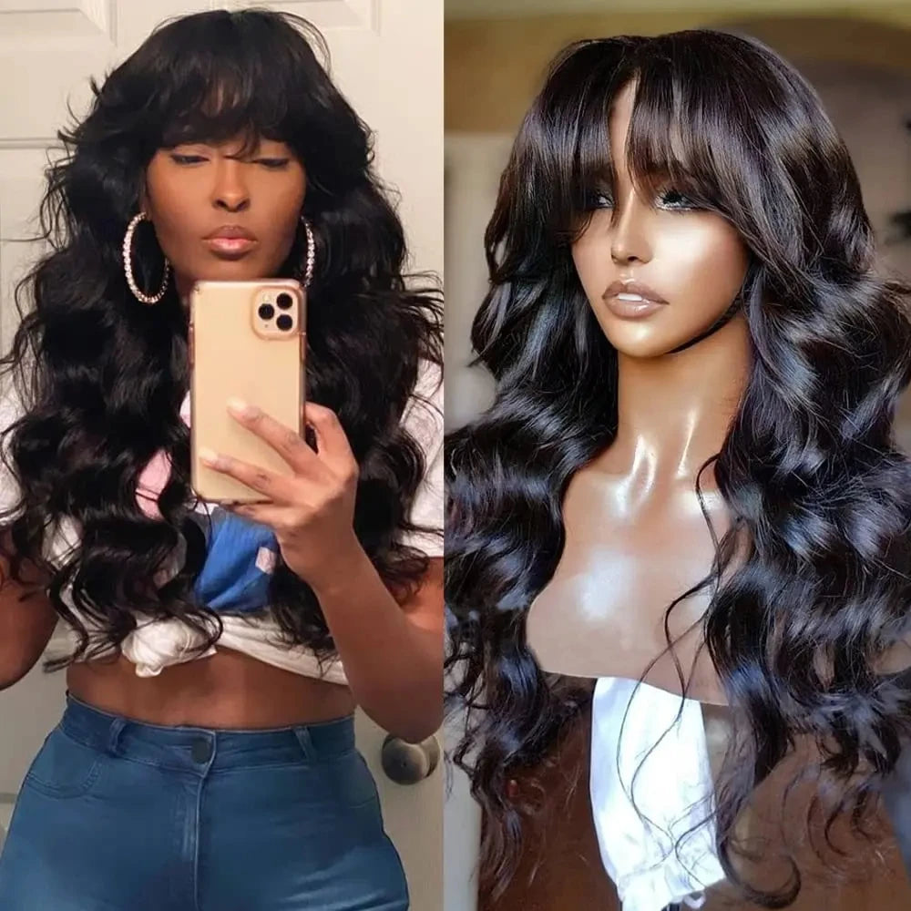 Varlea 200% Density Body Wave Human Hair Wigs Full Woven With Bangs Wig No Lace Wig Loose Body Wave Short Bob Human Hair Wigs