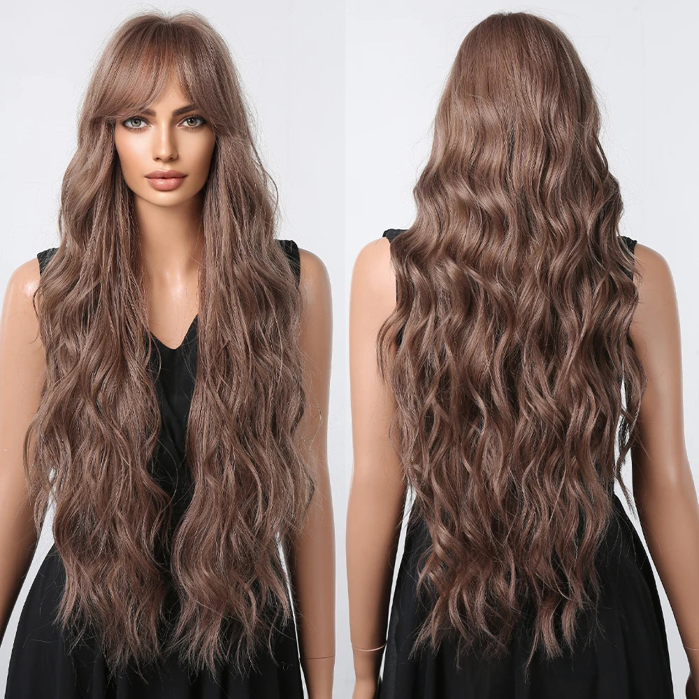 Long Wavy Gray Ash Brown Blonde Ombre Synthetic Wigs with Bangs Cosplay Natural Curly Hair Wig for Women Afro Heat Resistant