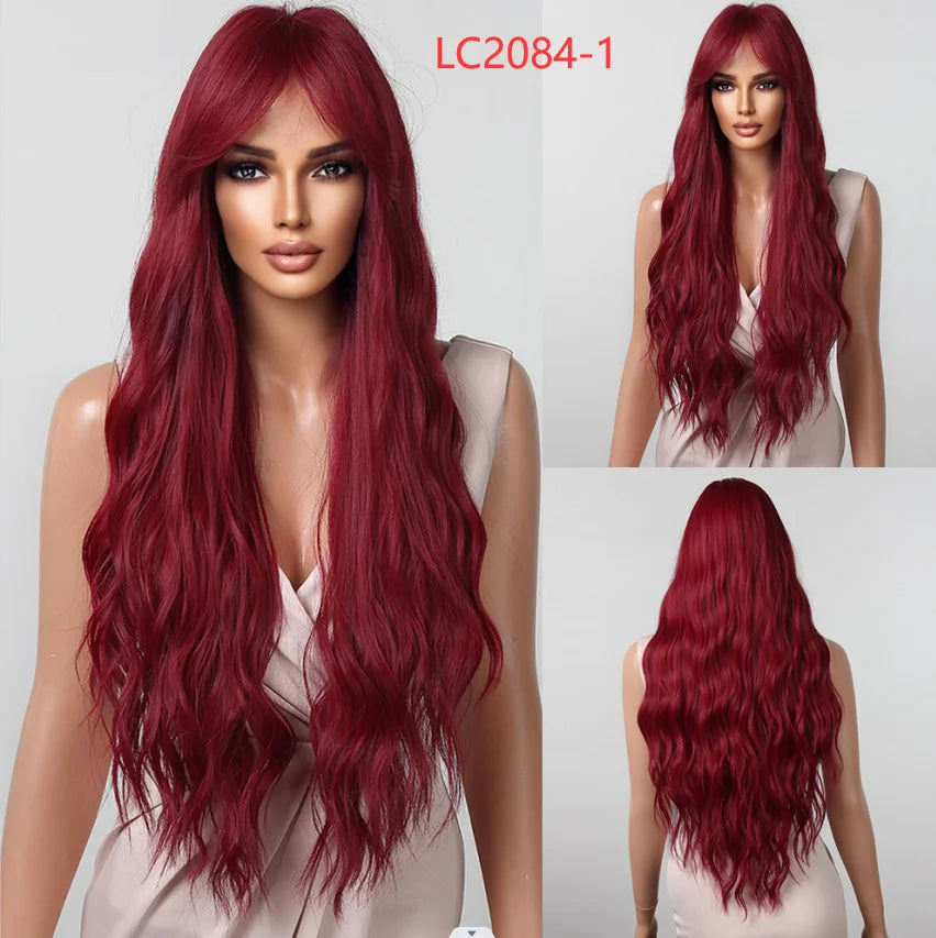 Pink Red Long Curly Wavy Synthetic Wigs Lolita Cosplay Hair With Bangs for Women Natural Water Wave Party Heat Resistant Wig