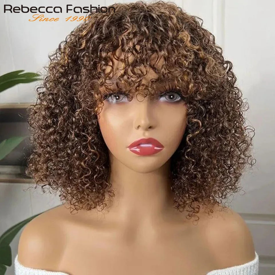Jerry Curly Short Bob Human Hair Wigs With Bangs Wear To Go Glueless Wig Ombre 99J Water Wave Blonde Colored Wig For Women