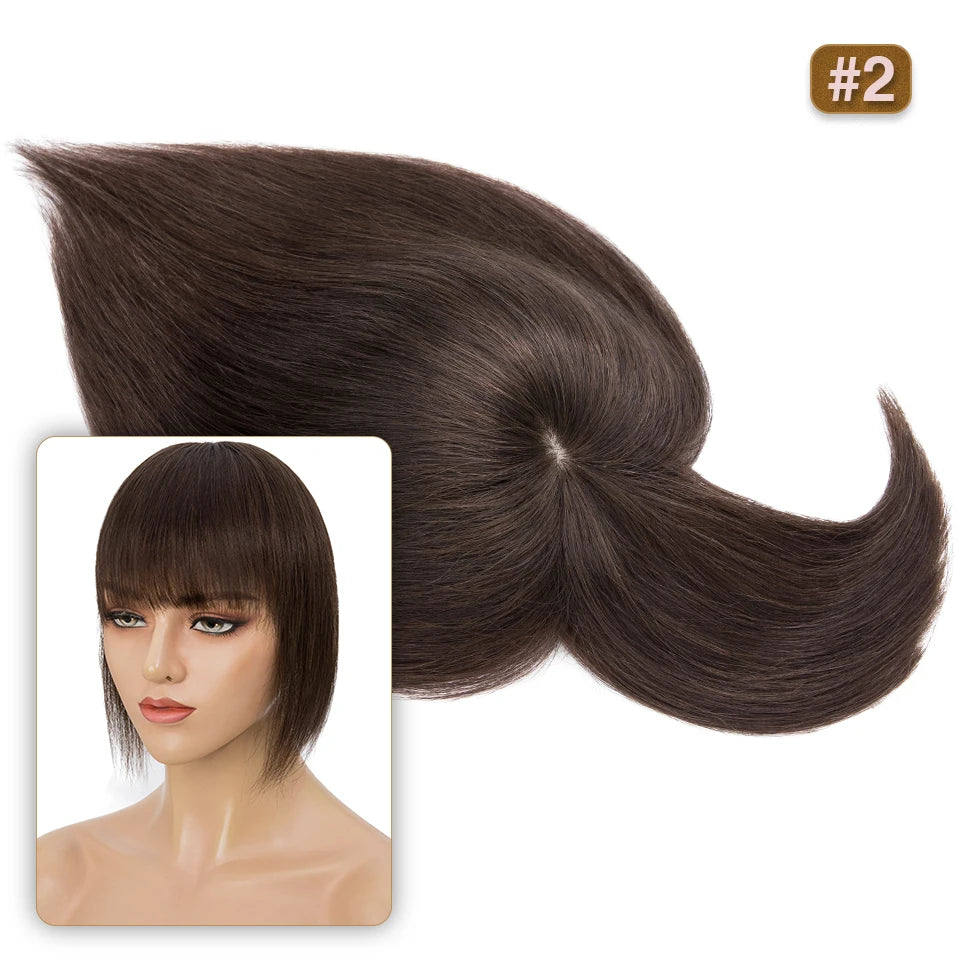 S-noilite 8.5x8.5cm Hair Topper Human Hair Cilp Center Crown Wig With Bangs Clip In Natural Hair Extension Hair Vortex Hairpiece