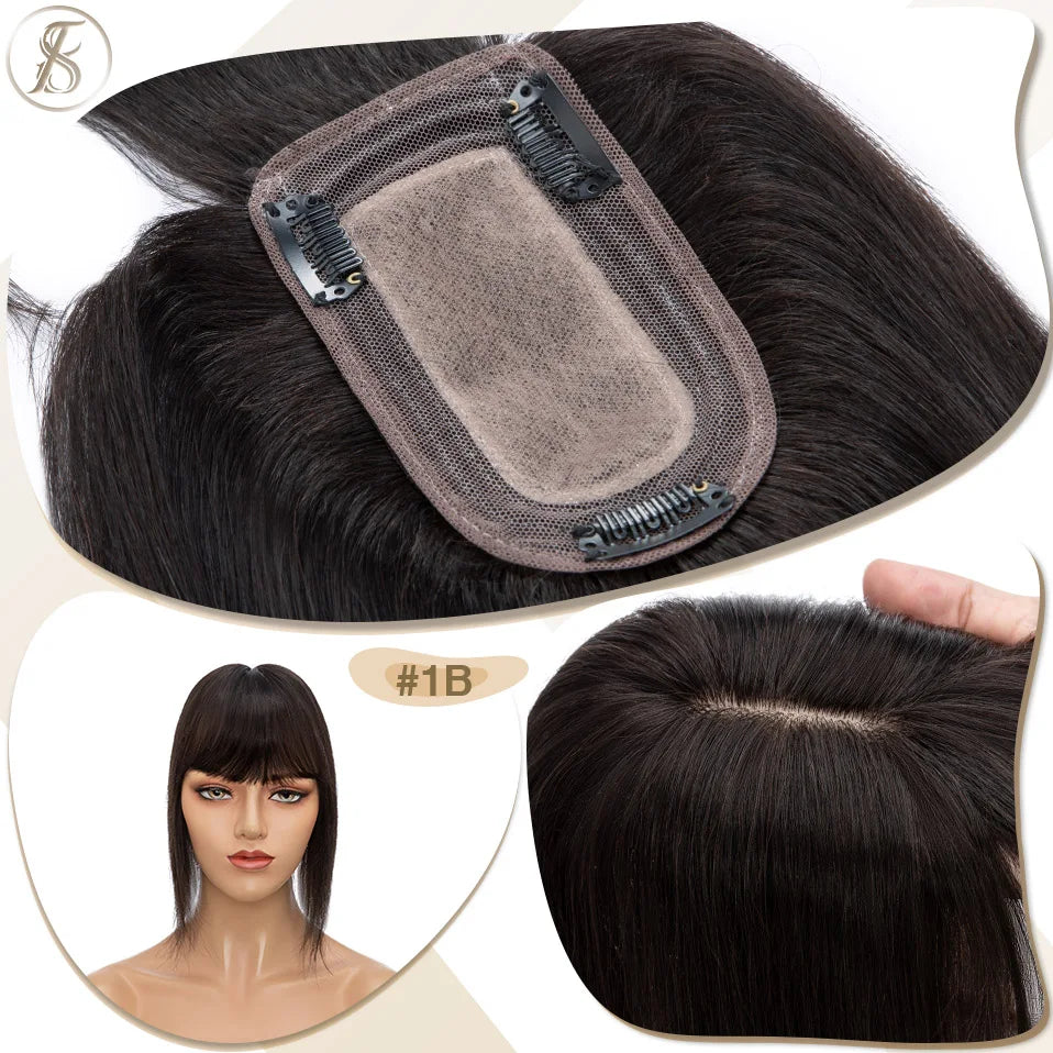 TESS Women Topper 7x12.5cm Hair Toppers With Bangs Hair Clips Natural Hair Wigs 100% Human Hair Silk Base Clip In Hair Extension