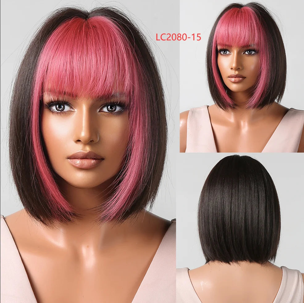LOUIS FERRE Blonde Short Bob Wigs with Bangs Heat Resistant Synthetic Daily Cosplay Ombre Blonde Hair Wigs for White/Black Women