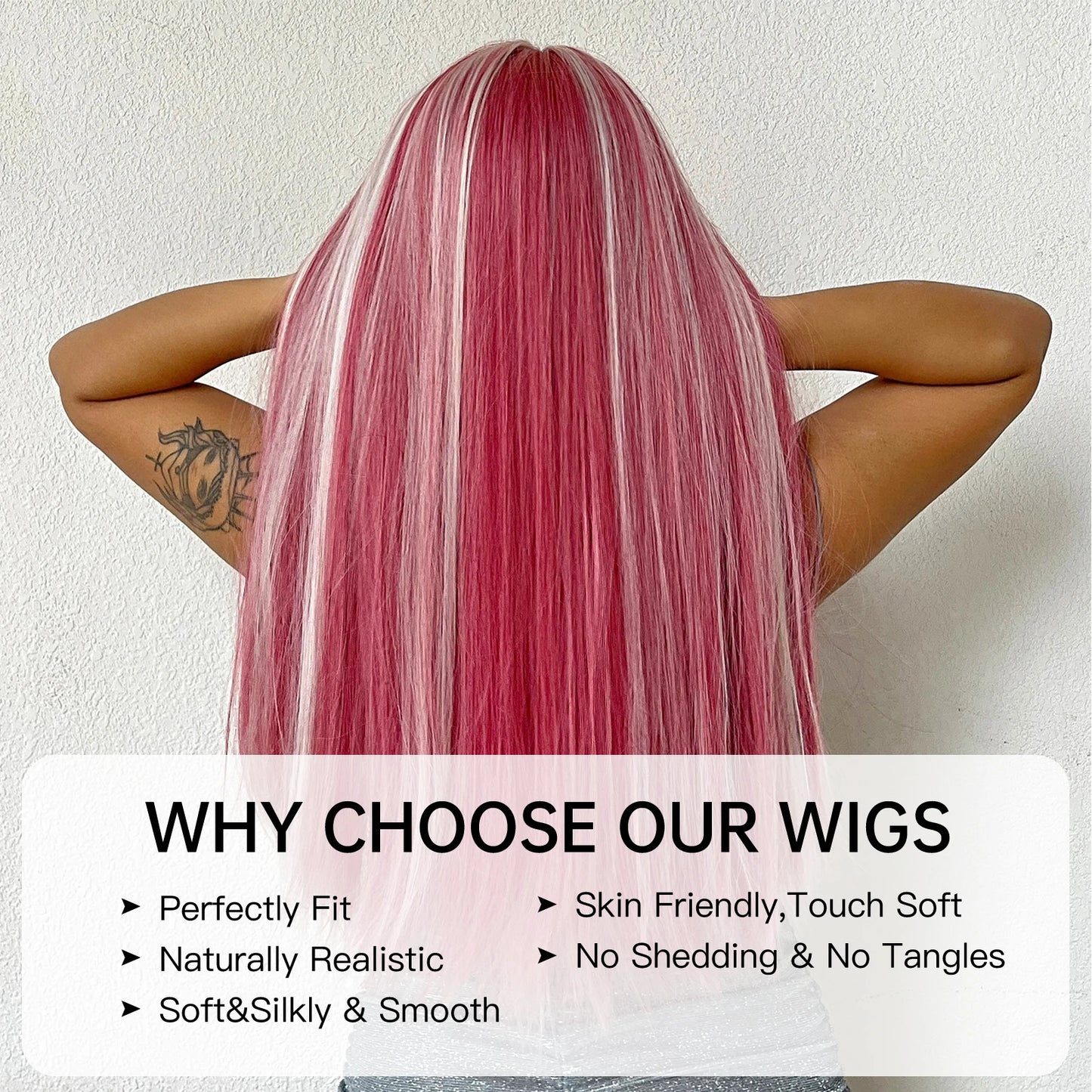 Long Straight Pink Mixed White Synthetic Wigs with Bangs Halloween Cosplay Colorful Wigs for Women Natural Hair Heat Resistant