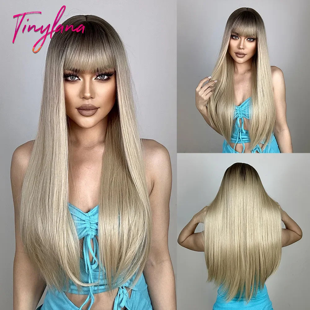 Light Pink Cosplay Long Straight Synthetic Wigs with Bangs Halloween Lolita Colorful Wig for Women Afro Natural Heat Resistant