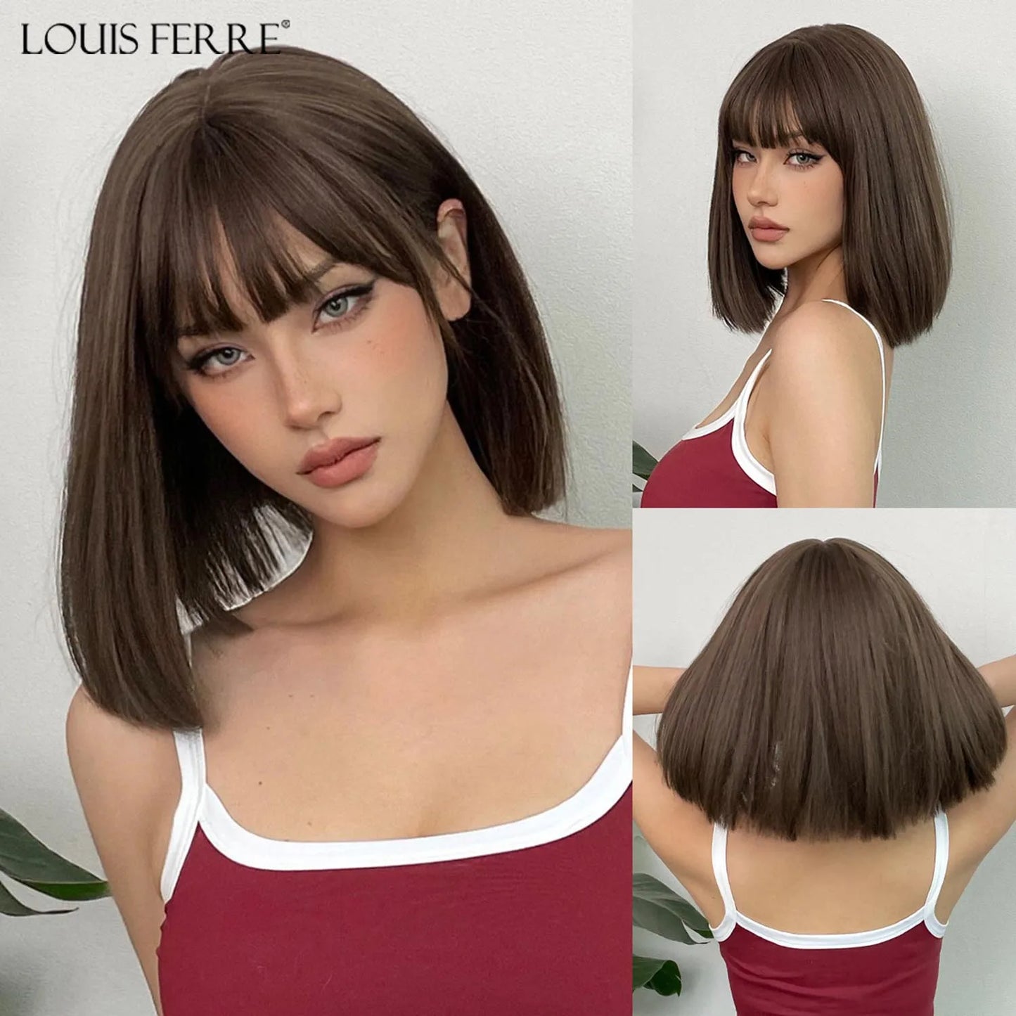 LOUIS FERRE Short Light Pink Bob Wigs With Bangs Natural Synthetic Wigs for Women Daily Cosplay Hair Heat Resistant Fibre Wig