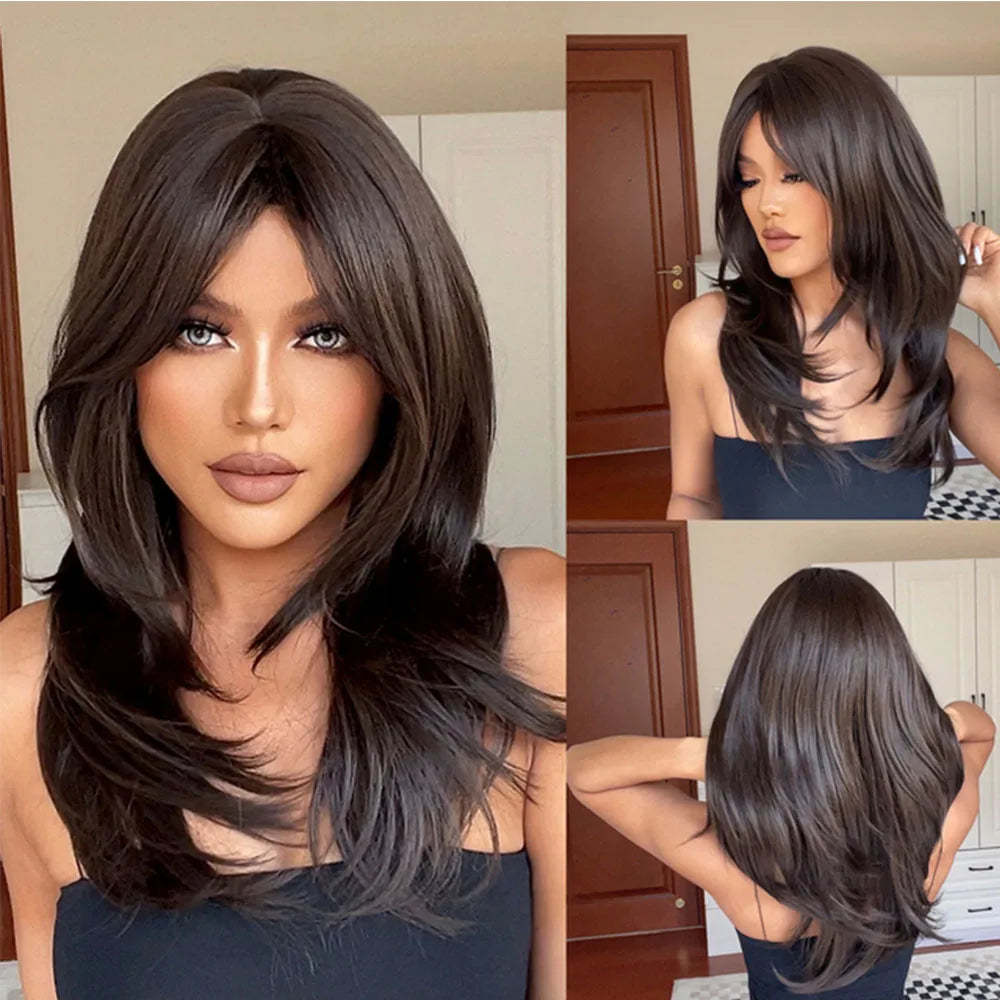 HENRY MARGU Ombre Red to Black Synthetic Wigs with Bangs Long Straight Layered Wig Colored Party Heat Resistant Hair for Women