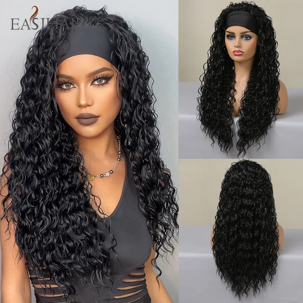 EASIHAIR Brown Black Kinky Curly Wave Synthetic Wigs with Bangs Deep Wave Long Hair Wigs for Women Daily Cosplay Heat Resistant