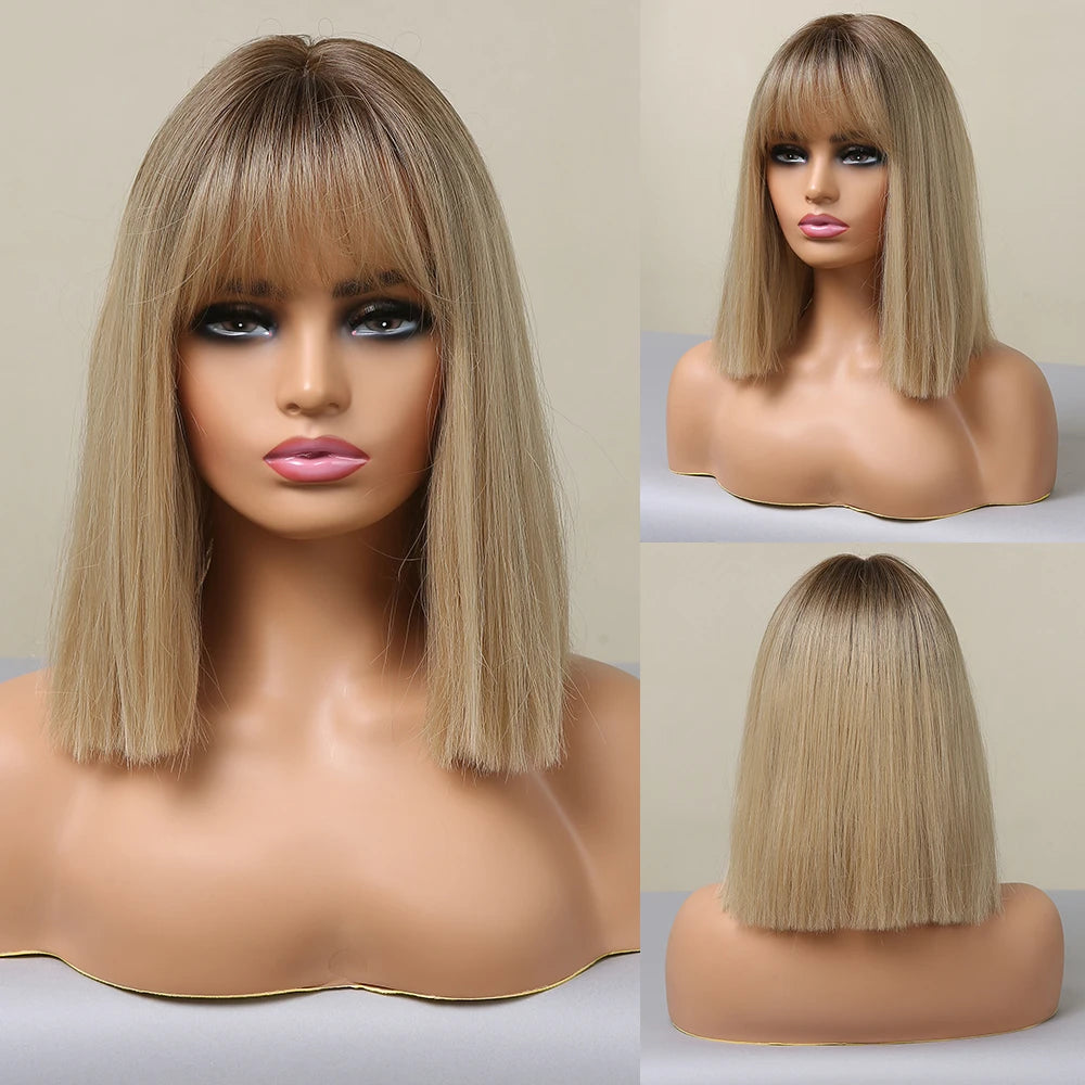 LOUIS FERRE Short Straight Synthetic Wigs for Women Brown Bob Wigs with Bangs Daily Cosplay Medium Length Heat Resistant Hair