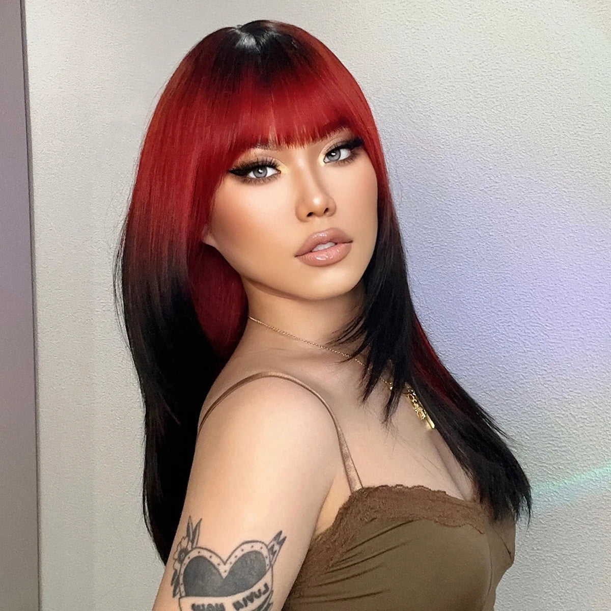 HENRY MARGU Ombre Red to Black Synthetic Wigs with Bangs Long Straight Layered Wig Colored Party Heat Resistant Hair for Women