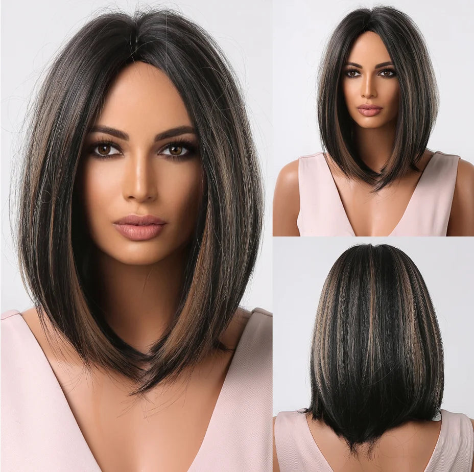 LOUIS FERRE Short Straight Synthetic Wigs for Women Brown Bob Wigs with Bangs Daily Cosplay Medium Length Heat Resistant Hair
