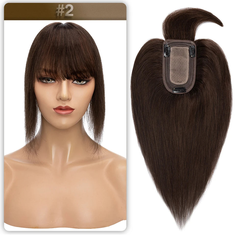 S-noilite Women Toppers Hair With Bangs Human Hair 7x13cm Silk Base Hair Cilp Wig Clip In Hair Extensions Hairpiece Natutal Hair