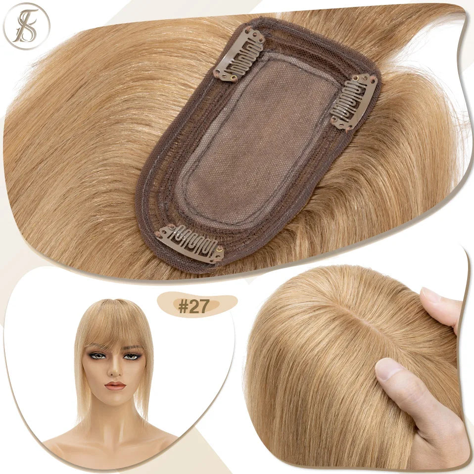 TESS Women Topper 7x12.5cm Hair Toppers With Bangs Hair Clips Natural Hair Wigs 100% Human Hair Silk Base Clip In Hair Extension