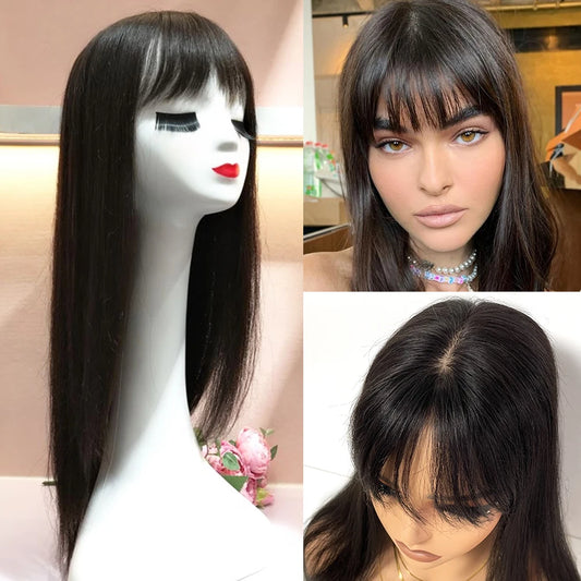All Sizes Silk Base Virgin Human Hair Toppers with Bangs Full Handmade Silk Top Human Hair Piece Fringe Women Toupee With Clips