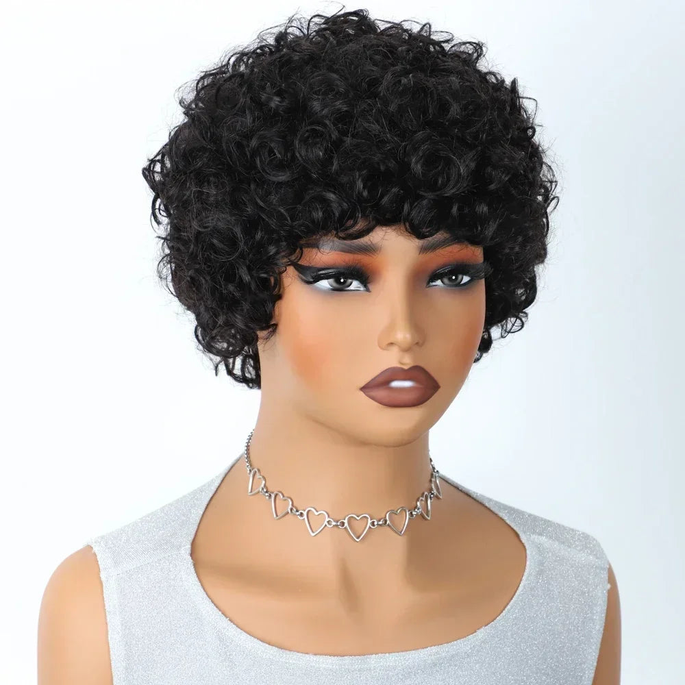Brazilian Afro Puff Pixie Bob Wig 99J Natural Brown Full Machine Made Pre-Plucked Bangs 100% Human Hair For Black Women