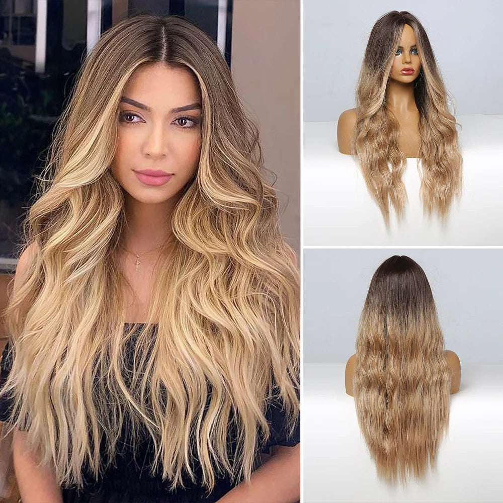 Blonde Unicorn Cherry Red Wig Synthetic Long Wavy Wig with Bangs Daily Party Cosplay Hair Wigs for Women Heat Resistant Fiber