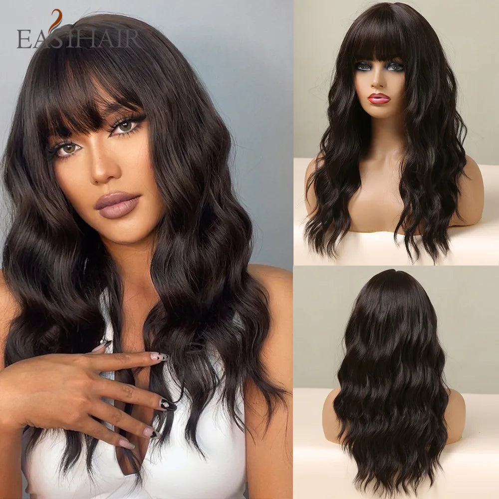EASIHAIR Brown Black Kinky Curly Wave Synthetic Wigs with Bangs Deep Wave Long Hair Wigs for Women Daily Cosplay Heat Resistant
