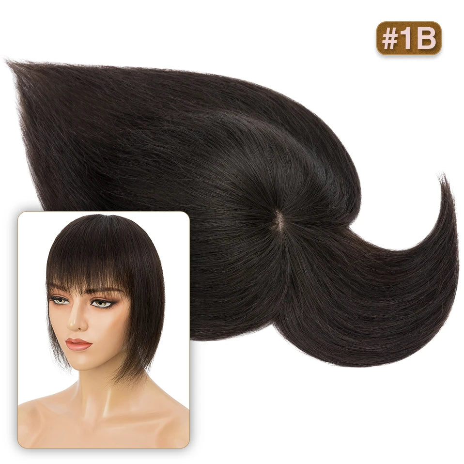 S-noilite 8.5x8.5cm Hair Topper Human Hair Cilp Center Crown Wig With Bangs Clip In Natural Hair Extension Hair Vortex Hairpiece