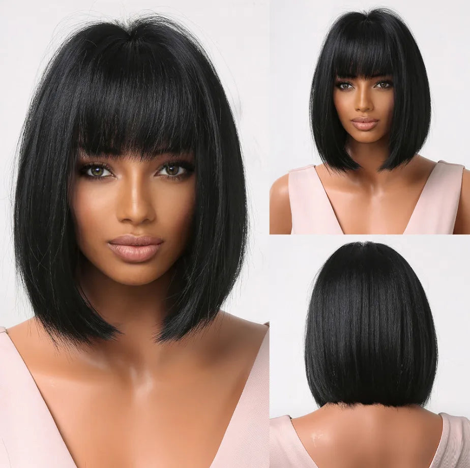 LOUIS FERRE Short Straight Synthetic Wigs for Women Brown Bob Wigs with Bangs Daily Cosplay Medium Length Heat Resistant Hair