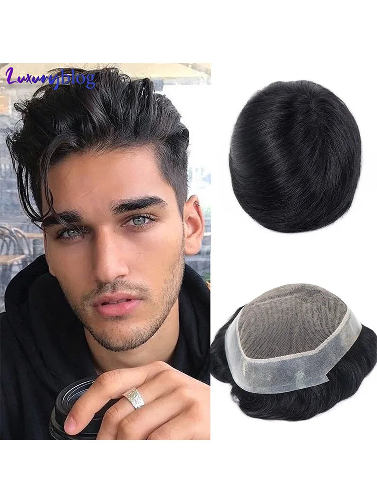 100% Human Hair Mens Capillary Prosthesis Lace with PU Toupee for Men Wig Replacement System Male Wig Hairpiece 7x9inch