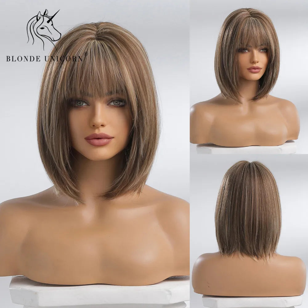 BLONDE UNICORN Synthetic Wig Natural Short Bob Wig Brown Blonde Straight Hair With Bangs Daily Use For Women Heat Resistant