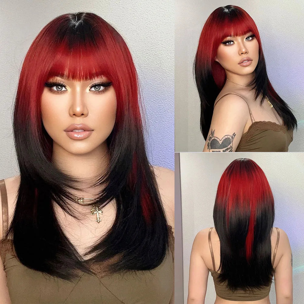HENRY MARGU Ombre Red to Black Synthetic Wigs with Bangs Long Straight Layered Wig Colored Party Heat Resistant Hair for Women