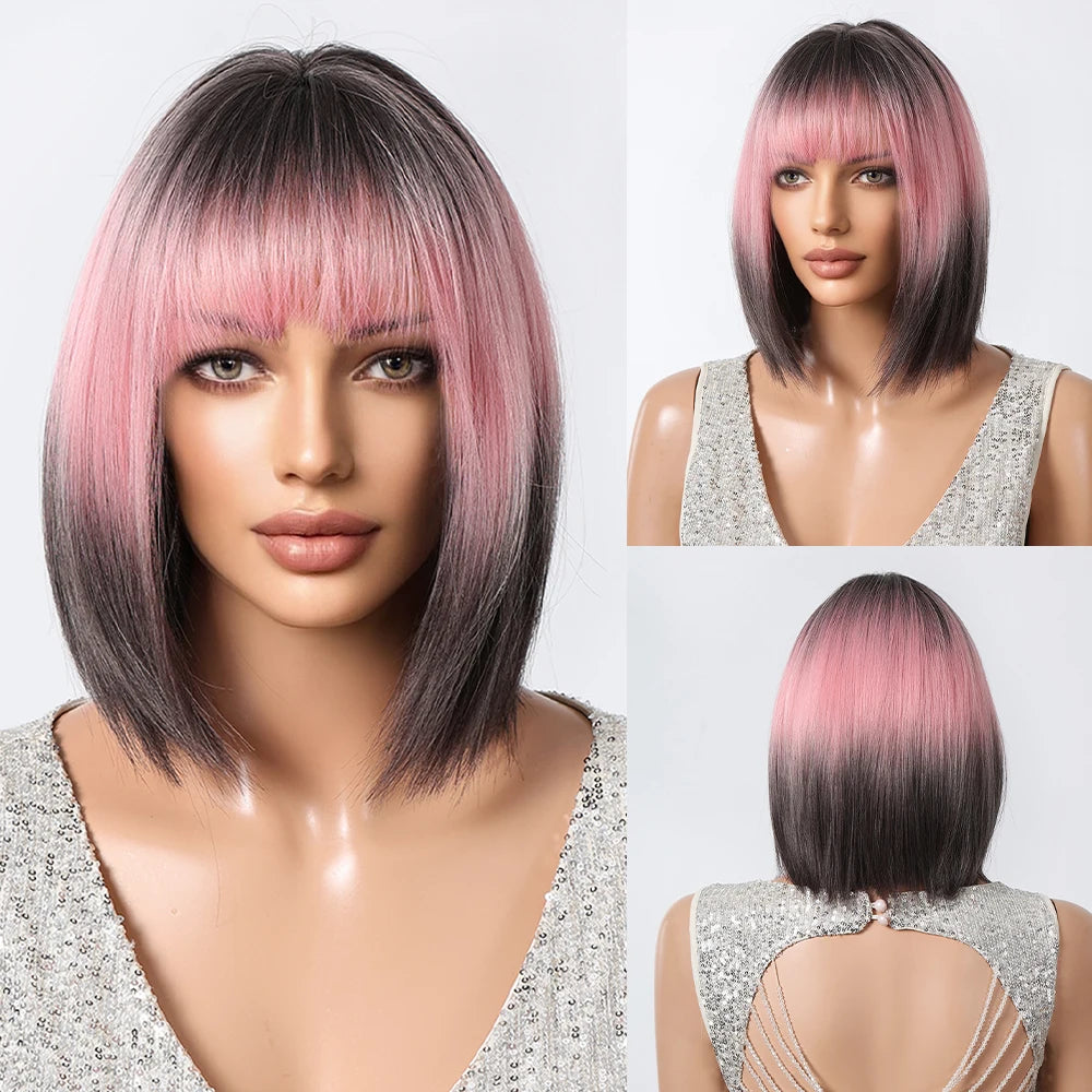 HENRY MARGU Brown Short Bob Straight Wigs with Pink Highlight Women Brown Daily Wig Synthetic Hair Wig with Bangs Heat Resistant