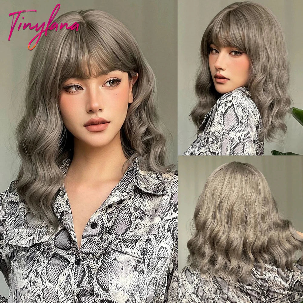 Bob Blue Curly Wavy Wigs with Bangs Short Colorful Cosplay Wigs for Women Afro Halloween DaiIy Natural Heat Resistant Fake Hair