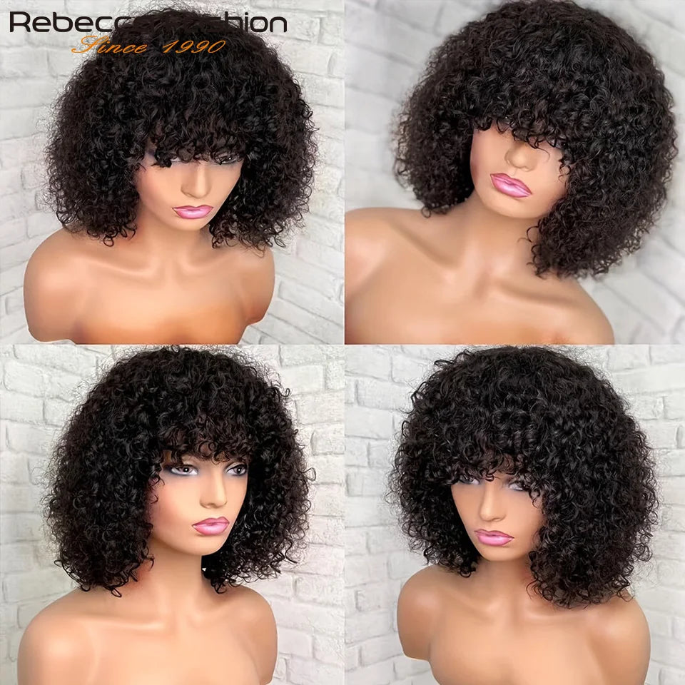 Jerry Curly Short Bob Human Hair Wigs With Bangs Wear To Go Glueless Wig Ombre 99J Water Wave Blonde Colored Wig For Women