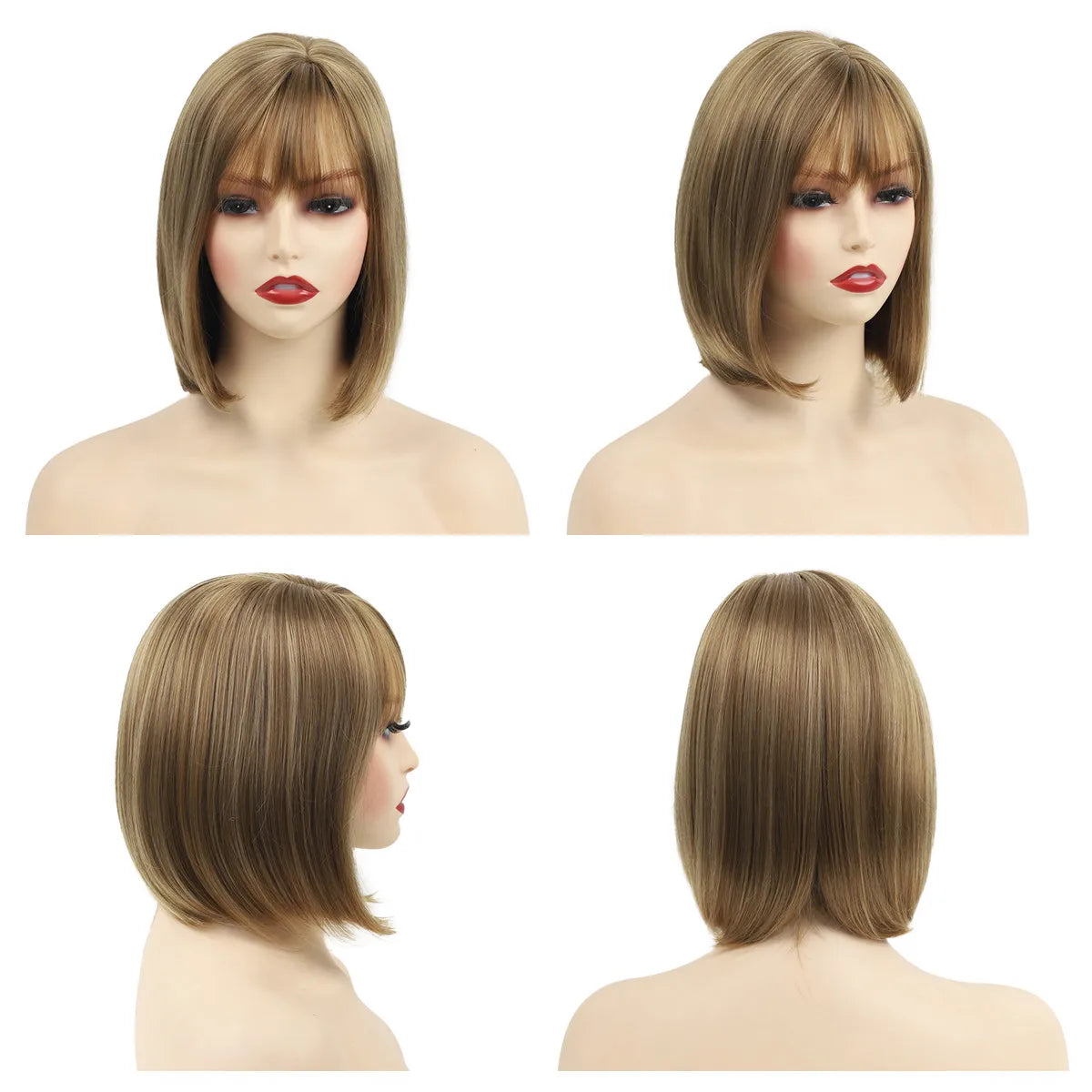 Women's Fashion Wig Natural Brown Short Bob Hair Wig with Side Bangs Daily Party Wigs for Women Female Heat Resistant Fake Hair