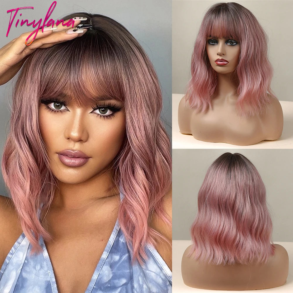 Gray Purple Pink Short Bob Synthetic Wigs with Bangs Curly Cosplay Ombre Wig for Women Afro Natural Wave Heat Resistant Hair